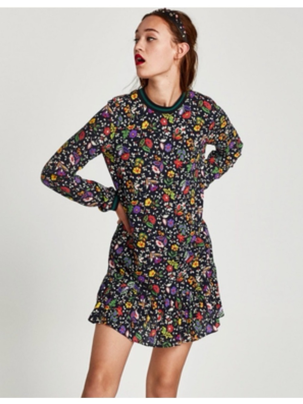 Zara Trafaluc Collection Black Floral Long-Sleeve Floral Mini Dress